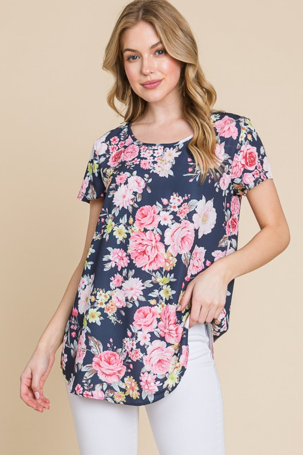 BOMBOM Camiseta floral de manga corta con cuello redondo