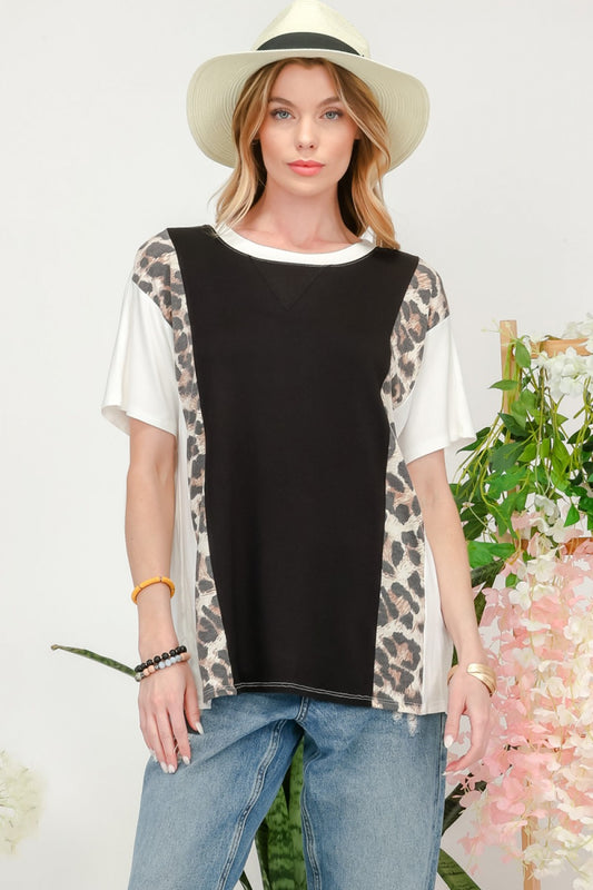 Celeste Camiseta con bloques de color de leopardo de tamaño completo