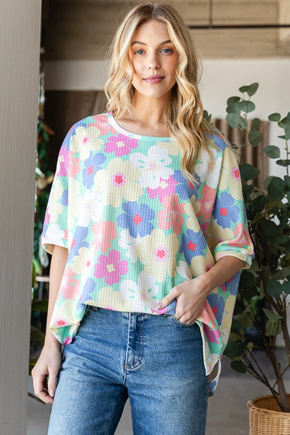 HOPELY Camiseta extragrande con estampado floral tipo gofre