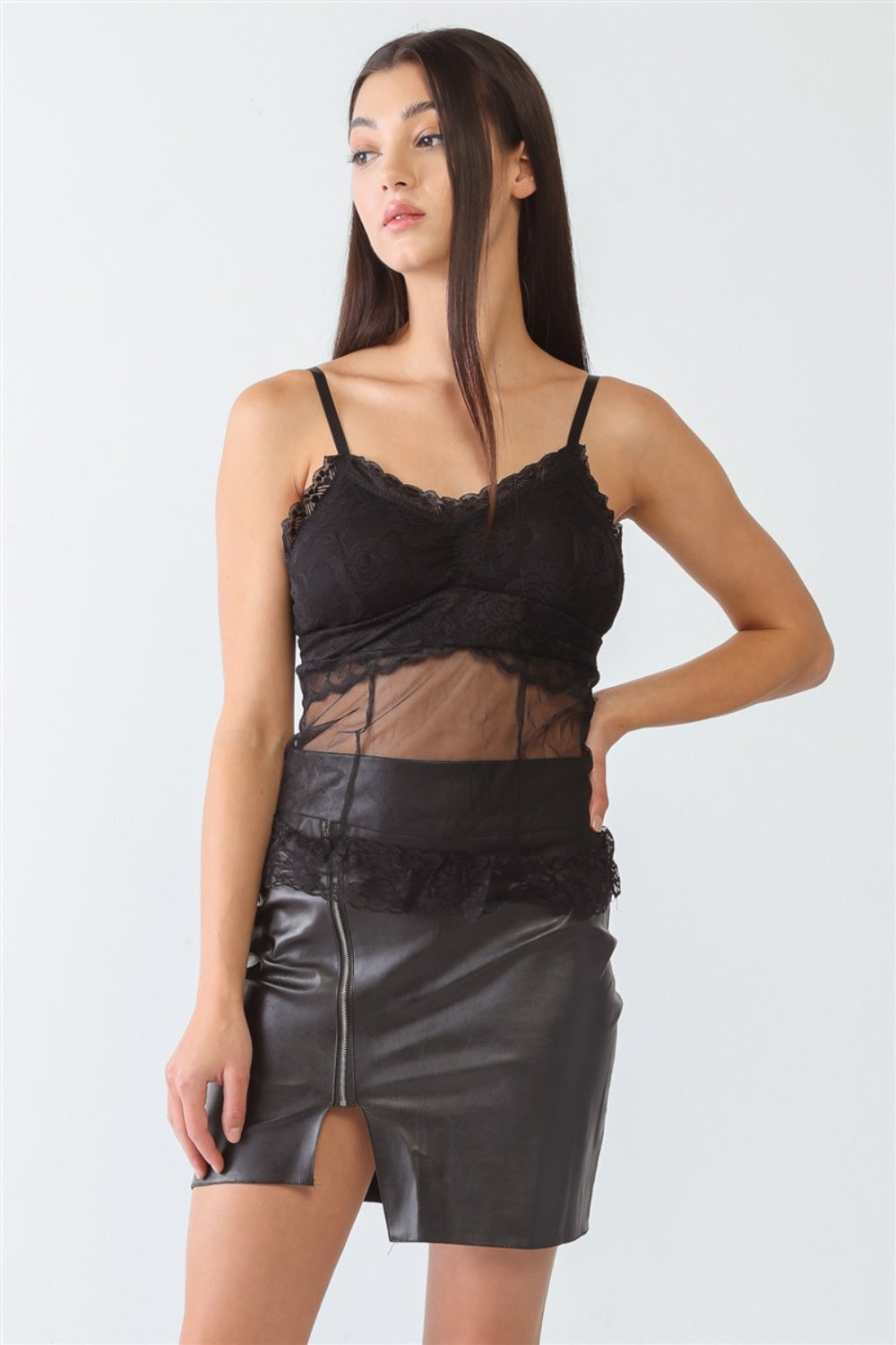 FASHION4YOU Bustier push-up de encaje de malla transparente