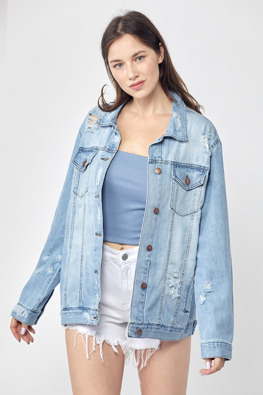 RISEN Full Size Distressed Long Sleeve Denim Jacket