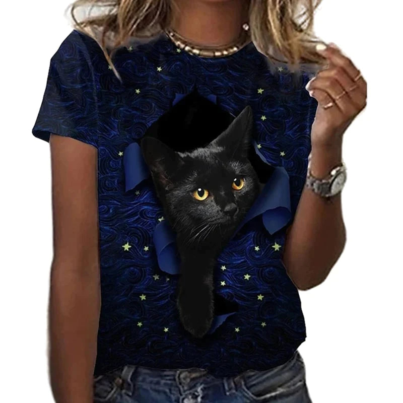  3D Starry Black Cat T-Shirt sold by Fleurlovin, Free Shipping Worldwide