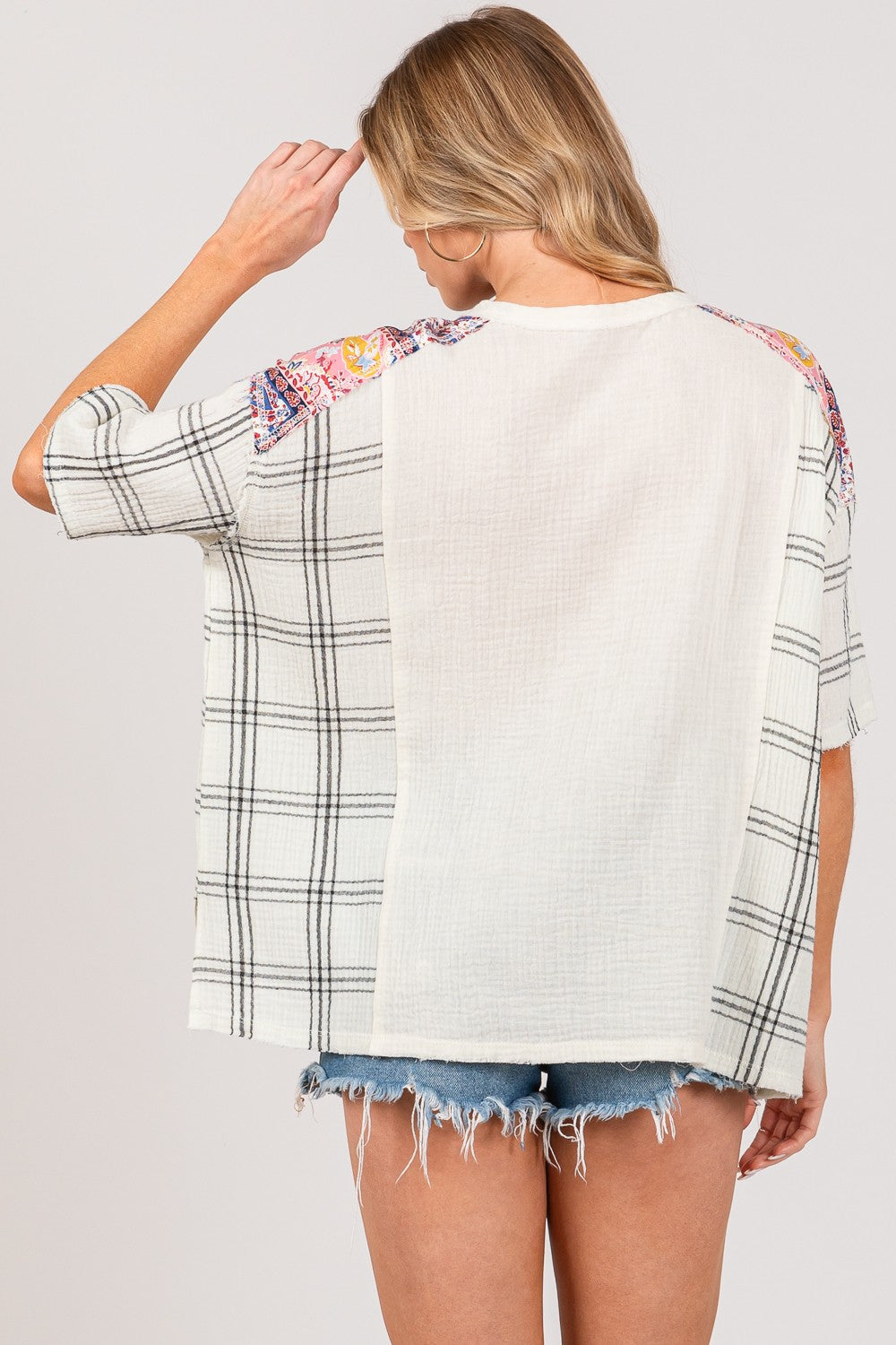 SAGE + FIG Plaid Half Button Gauze Top