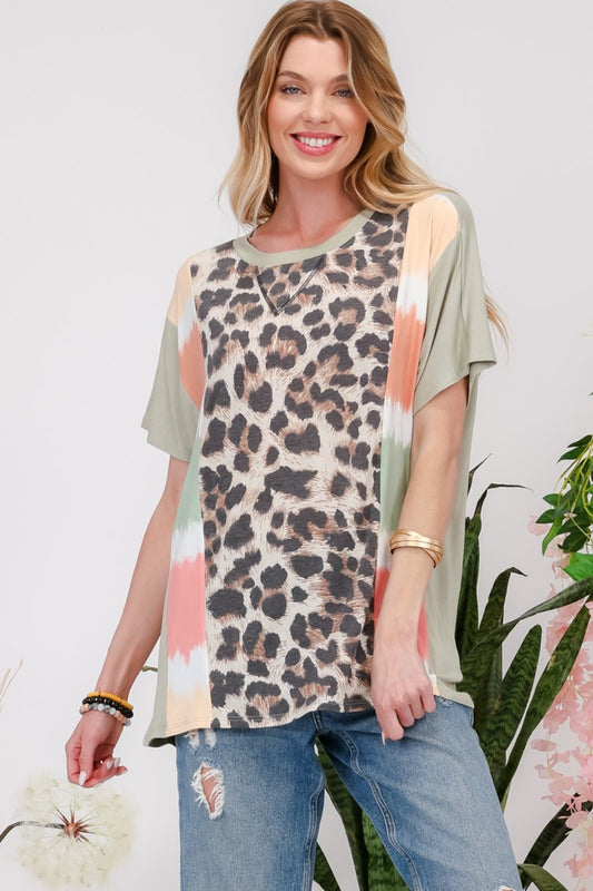 Celeste Camiseta con bloques de color de leopardo de tamaño completo