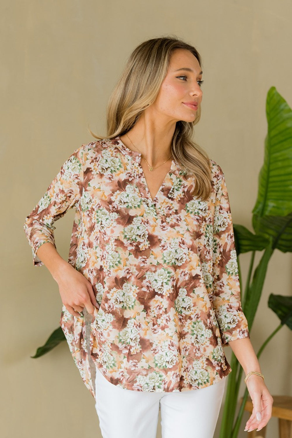 Sew In Love Full Size Wrinkle-Free Floral Notched Top
