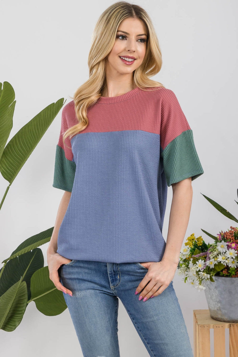 Celeste Camiseta con bloques de color acanalado de tamaño completo