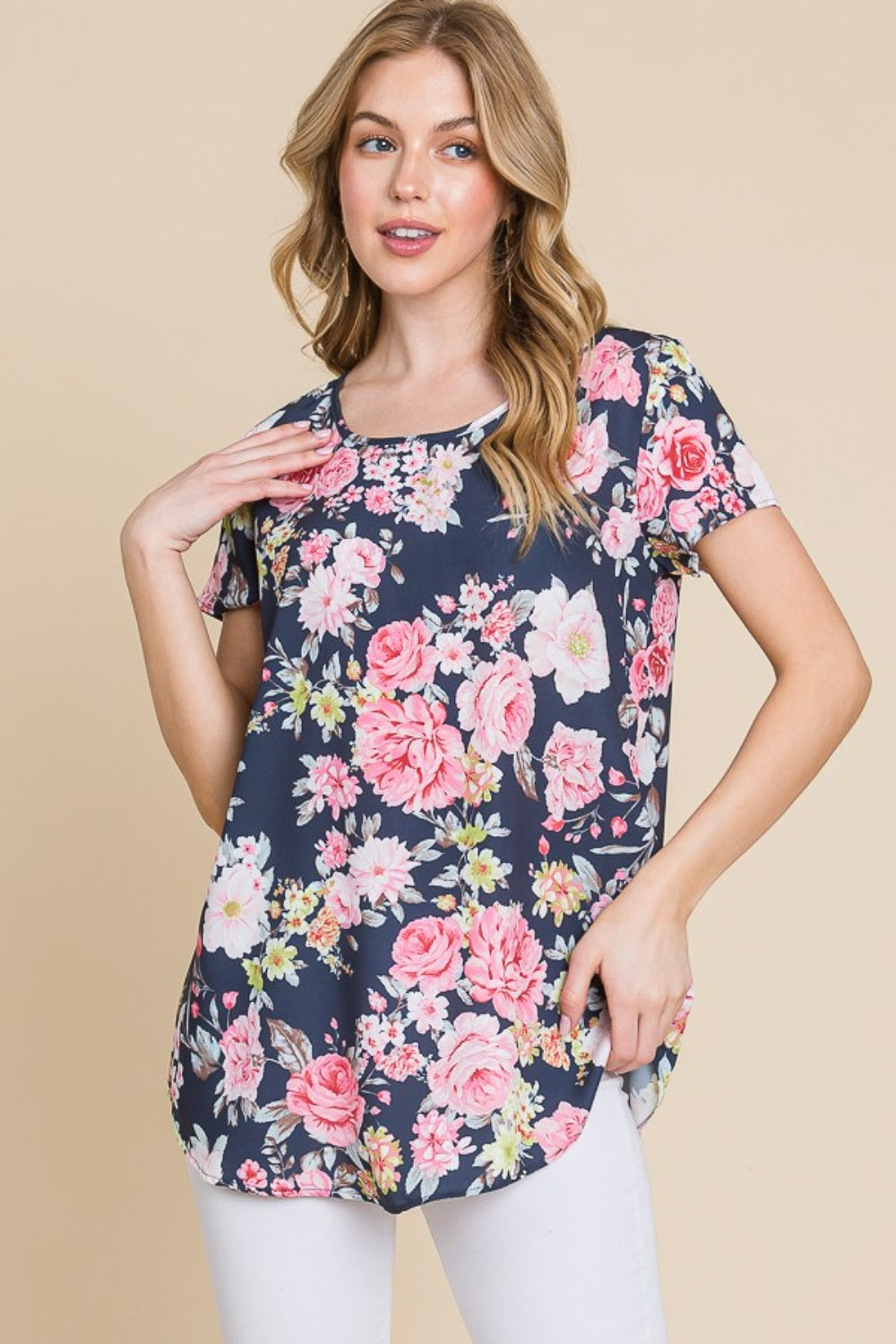 BOMBOM Camiseta floral de manga corta con cuello redondo