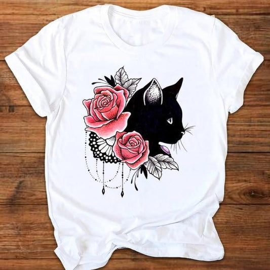  Cat Rose T-Shirt sold by Fleurlovin, Free Shipping Worldwide