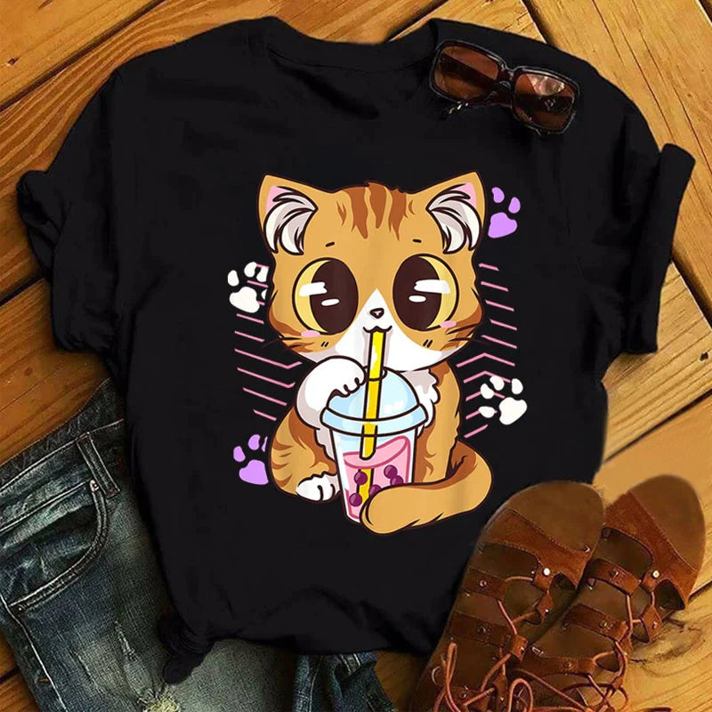  Cute Cartoon Milk Tea Cat T-Shirt sold by Fleurlovin, Free Shipping Worldwide