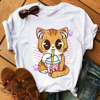  Cute Cartoon Milk Tea Cat T-Shirt sold by Fleurlovin, Free Shipping Worldwide