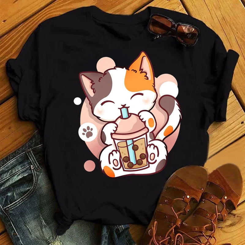  Kawaii Cartoon Milk Tea Cat T-Shirt sold by Fleurlovin, Free Shipping Worldwide