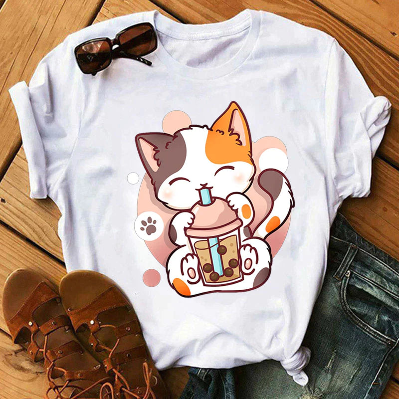  Kawaii Cartoon Milk Tea Cat T-Shirt sold by Fleurlovin, Free Shipping Worldwide