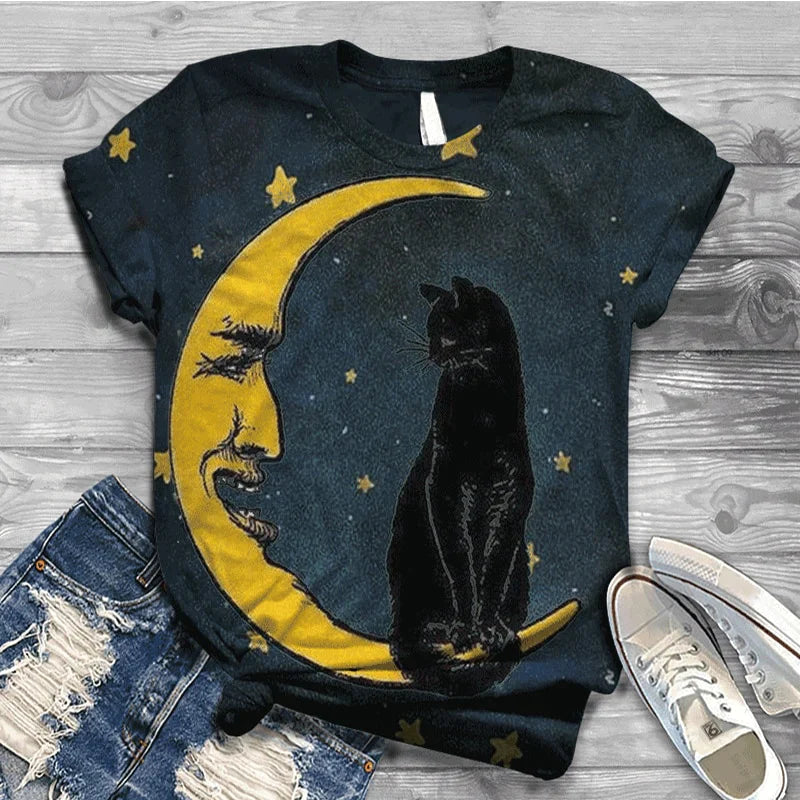  Moon Black Cat Star T-Shirt sold by Fleurlovin, Free Shipping Worldwide