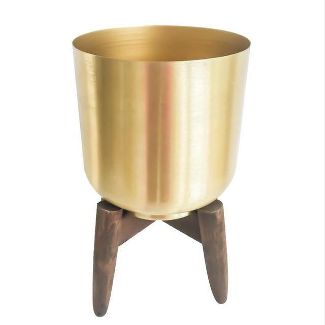 Pots & Planters Gold Metal Planter with Wooden Plant Stand sold by Fleurlovin, Free Shipping Worldwide