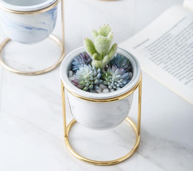 Pots & Planters Marbled Ceramic Planter with Gold Metal Plant Stand sold by Fleurlovin, Free Shipping Worldwide