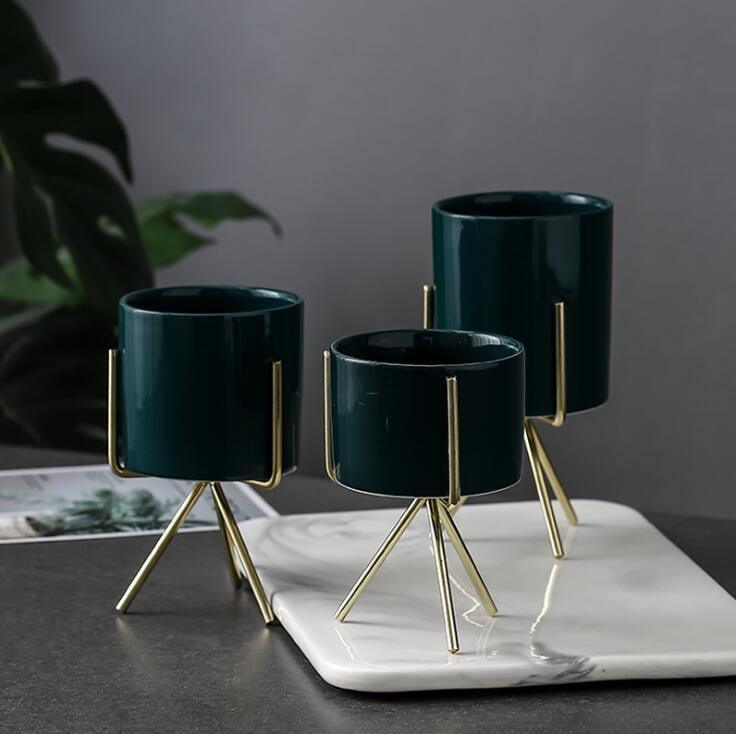 Pots & Planters Short Tabletop Ceramic Planter with Geometric Metal Stand sold by Fleurlovin, Free Shipping Worldwide