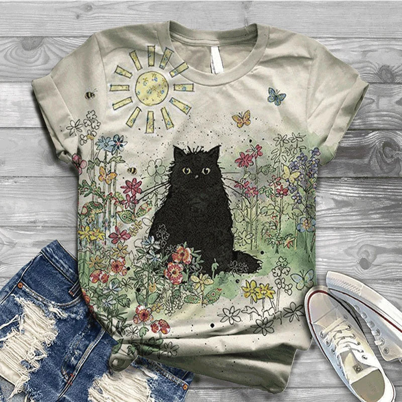  Summer Black Cat T-Shirt sold by Fleurlovin, Free Shipping Worldwide