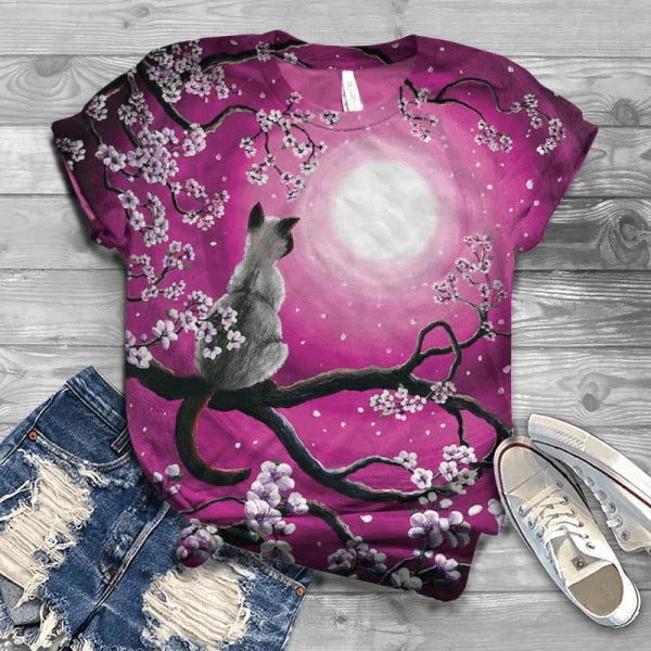  Summer Staring Moon Cat Pink T-Shirt sold by Fleurlovin, Free Shipping Worldwide