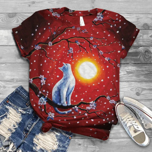  Summer Staring Moon Cat Red T-Shirt sold by Fleurlovin, Free Shipping Worldwide