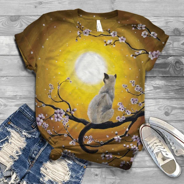  Summer Staring Moon Cat Yellowish T-Shirt sold by Fleurlovin, Free Shipping Worldwide