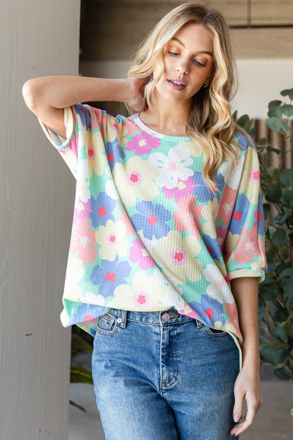 HOPELY Camiseta extragrande con estampado floral tipo gofre