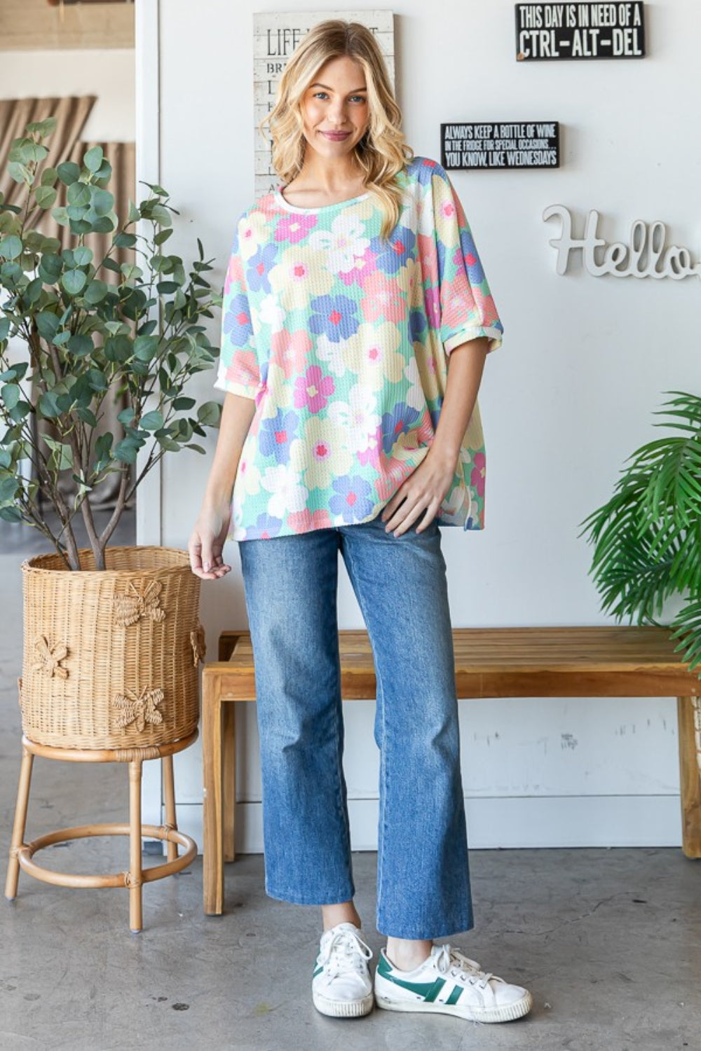 HOPELY Camiseta extragrande con estampado floral tipo gofre